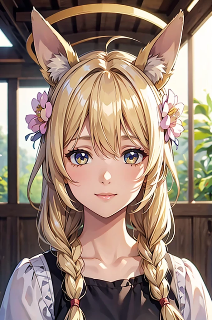 1girl, solo,  long hair, looking at viewer, smile, bangs, blonde hair, hair ornament, holding, animal ears, light blonde eyes, upper body, braid, flower, hair flower, bunny ears , twin braids, lips, animal, watermark , rabbit, head crown, holding animal, flower crown Away from the camera