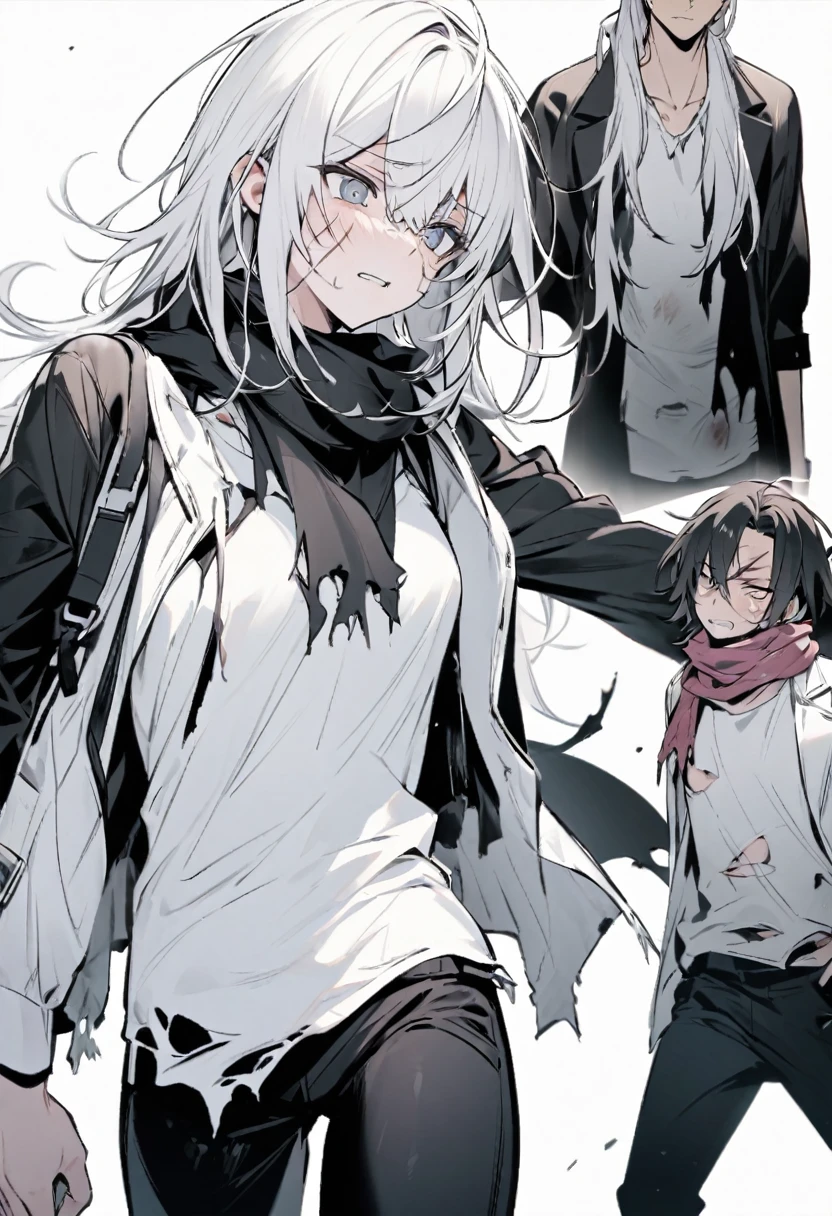 **Hair**: Black
- **Scarf**: Ragged, worn around the neck, possibly torn at the edges
- **Clothing**:
  - **Top**: Black and white jacket over a black and white shirt
  - **Bottom**: Black pants
- **Distinguishing Feature**: A prominent scar on the face