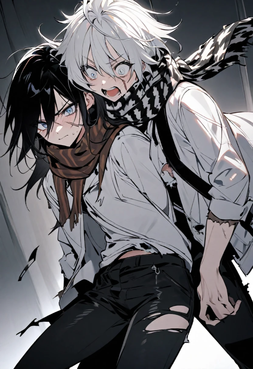 **Hair**: Black
- **Scarf**: Ragged, worn around the neck, possibly torn at the edges
- **Clothing**:
- **Top**: Black and white jacket over a black and white shirt
- **Bottom**: Black pants
- **Distinguishing Feature**: A prominent scar on the face