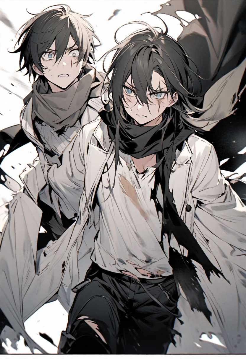 **Hair**: Black
- **Scarf**: Ragged, worn around the neck, possibly torn at the edges
- **Clothing**:
- **Top**: Black and white jacket over a black and white shirt
- **Bottom**: Black pants
- **Distinguishing Feature**: A prominent scar on the face