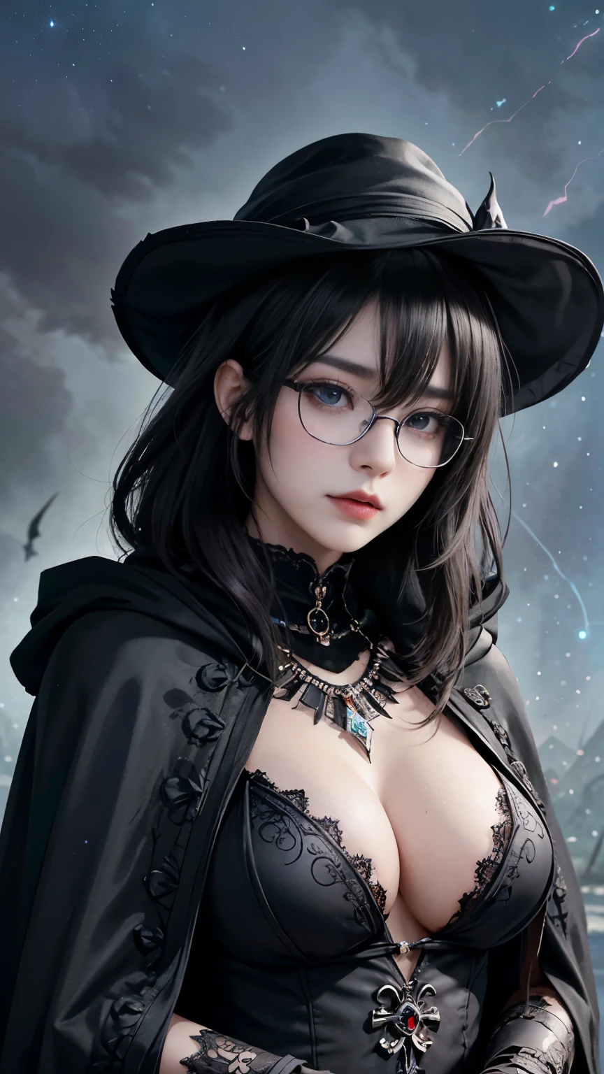 (Fatal Beauty,A charming villain,witch) ,(A supple and powerful physique),(Sensual charm),(Mysterious charm:1.1),(Captivating silhouette),(highest quality,High resolution:1.2),(dark,Threatening:1.1),((dark horror theme:1.5),(Thriller:1.5)),(Dark fantasy:1.5),  (((Countless stars fly away:1.5),(Absurd:1.5),(wonderful:1.5))),Woman in a dress, ((((Glasses))))、((((big sapphire necklace))))、(Powerful numbers:1.1),(((Big Breasts))),(((Fiery crown:1.1))),prime color,Urban,Very detailed,masterpiece,Intricate details,Faded,Very detailed, Eye on the details,Intricate details,Dark and spooky atmosphere,  spiritual being, Unforgettably beautiful, Ghostly figures, Shadow-like shape, Spooky whispers, Ominous Aura, Goth Maiden, Very darkHer eyes, Like dazzling fur in a starless haze,Her Mogul Snaps, Mysterious Cemetery,Black hair swaying in the moonlight, She summons darkness, (beautiful: 1.7), (Black Hat: 1.6), (An intricately decorated jet-black cloak: 1.6), (Delicately decorated cloak, Despite being damaged: 1.5), Hypermaximalist,  Breathtaking oil paintings, Surreal, Ultra-realistic digital illustrations that mimic the style of oil paintings, Seamlessly blending the psychedelic visionary art of Alex Grey with the physical-mechanical aesthetic of H.R. Giger. Wonderful configuration,  (Shining Eyes:1.6)、(Glowing Eyes:1.1),(hellish landscape:1.1),(fire,sulfur:1.1),(Threatening atmosphere:1.1),(dark shadows,Threatening presence:1.1),(Unlucky Clouds,Stormy Skies:1.1),(dark,Spooky atmosphere:1.1),(Aura of misfortune,Evil energy:1.1),(dark aura,cigarette:1.1),(Extreme heat,Burning Flames:1.1),(Nightmare Visions:1.1),(Predicting the end:1.1),(Whispers of misfortune,Devilish Laugh:1.1),(Cries of pain,echoing screams:1.1),(Bad luck symbol,Ancient runes:1.1),(Mysterious Relic,dark art ifacts:1.1),(Infernal Ritual,Ritual sacrifice:1.1),(Eternal Ruin,A hopeless existence:1.1),  Inspired by abandoned mech backgrounds. Art created by Craig Mullins, Necrostyle., Detailed Description, Futurist