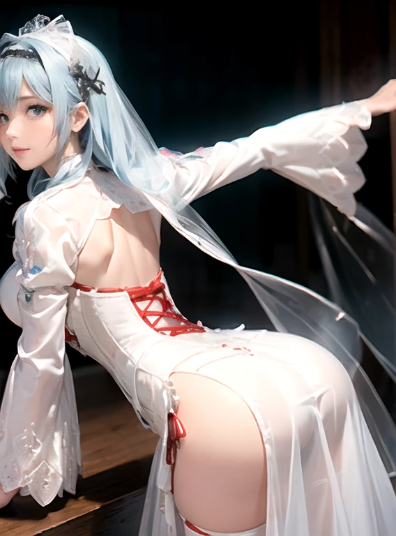 ((Very detailedな CG Unity 8k 壁紙)), Tabletop, Very detailed, floating, High resolution, Sexually suggestive, (, Extremely long white hair, Princess, White Devil Taoism, blue eyes, (Gorgeous long layered long dress in white and red see-through、Long sleeves and intricate embroidery), Bridal Veil, Circlet, Bridal Gauntlet, blush, shy, arched back, Frilled petticoat, Glamorous corset,