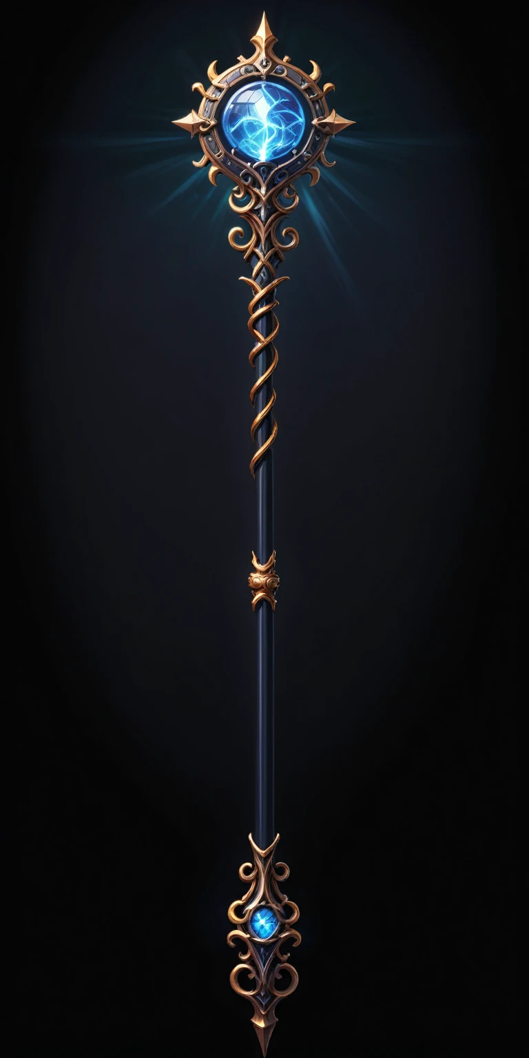 pixel art, cartoon illustration, Divine glavie greatstaff, Powerfull Magical theme, simple black background, RPG game icon 
