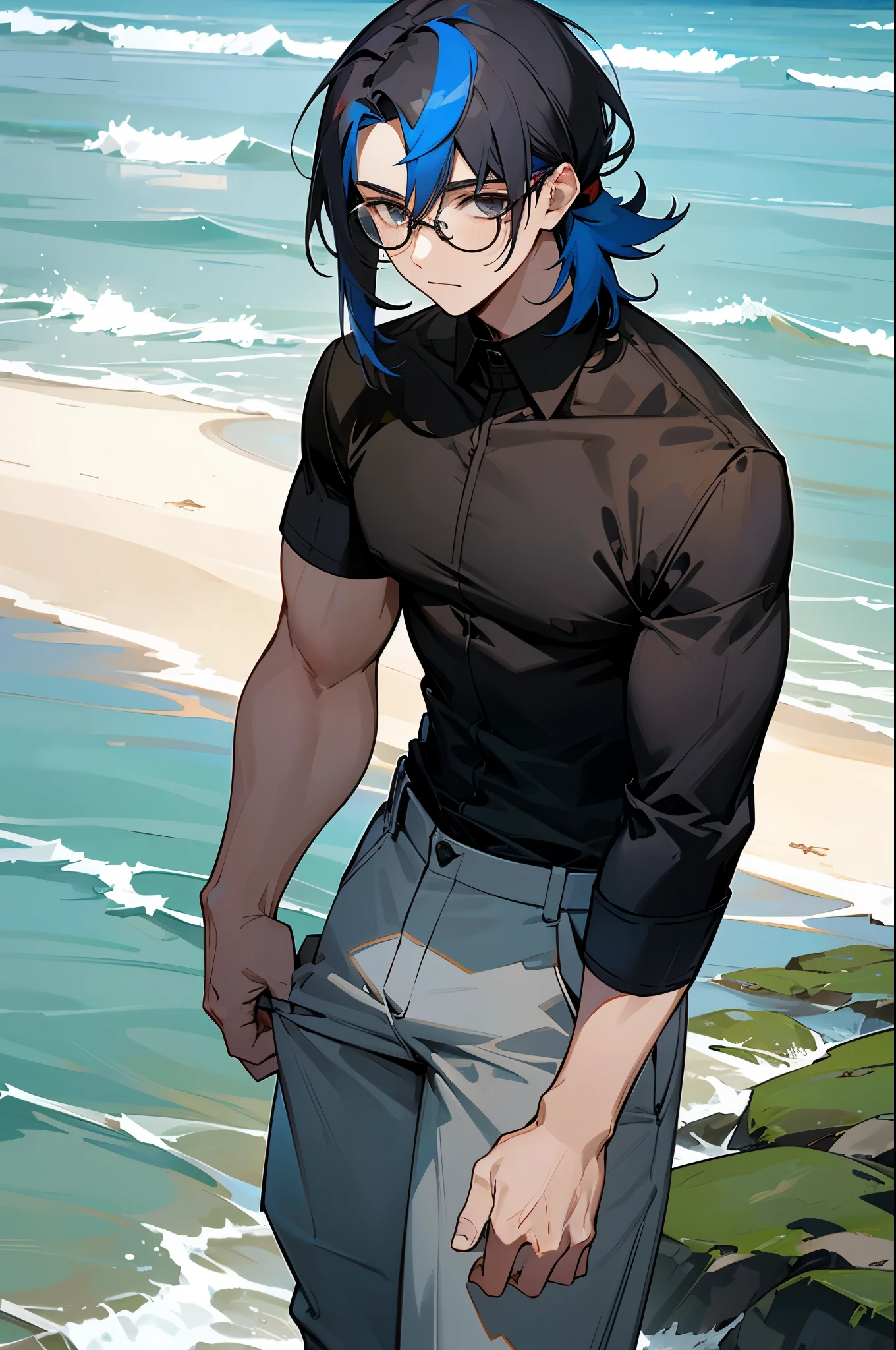 multi-color haired, two toned hair, young male, water in the background, surrounded by grass, beach background, black shirt, bangs covering head, medium length hair, grey pants, one male, lean build, glasses,