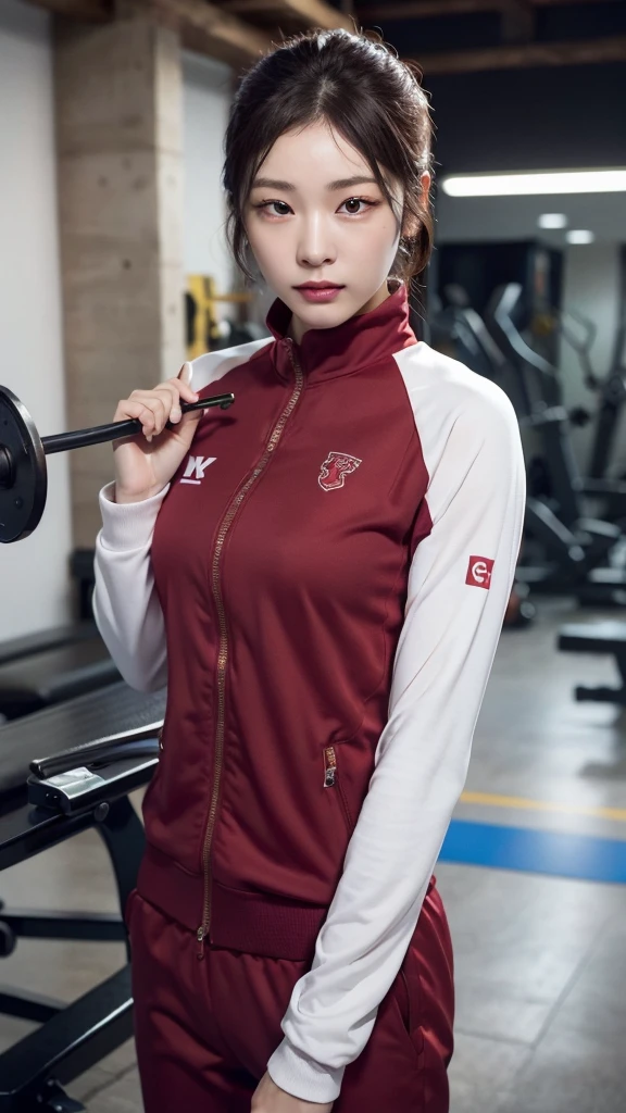 Highly detailed CG Unity 8K wallpapers，top Quority，Super detailed，tmasterpiece，realisticlying，photograph realistic，Very detailed cute girl，25 age old，musculature，Microabs，Round eyes，peeping at the viewer，Be red in the face，parted lip，Half-body shooting，
track suit ， gym room，