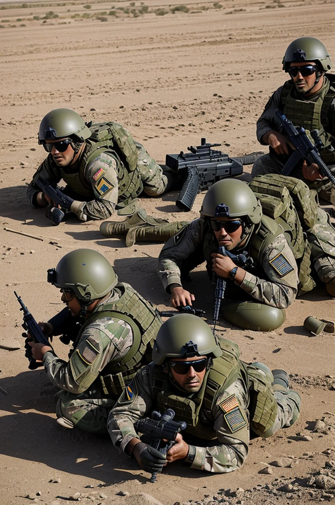 Hello, could you generate an image of Military in Action?: Military in a tactical exercise, demostrando estrategia y trabajo en equipo, with modern equipment and in an environment that challenges your skills.DEBEN ESTAR CON UNIFORMES DE BOLIVIA