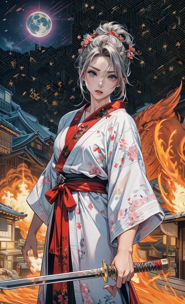 Realistic、8K,Cinematic Light、Downtown is on fire、Streets of the Warring States Period、night、Big Fire、30-year-old woman、Burning house、Beautiful 30 year old woman、Female Fighter、The Japanese sword he holds in his left hand shines red in the firelight.、Adult beauty、The eyes are slit and long.、Eyes are realistic、Eyes are realistic size、Eyes are realistically shaped、Silver latex kimono、The kimono has red and pink floral patterns.、Gorgeous kimono、Flashy floral kimono、In the left foreground is a private house、In the right foreground is a private house、night空には星が無数に輝く、night空の星が瞬く、現実的なnight空の星々、The moon glows faintly purple、He looks at me a little angry