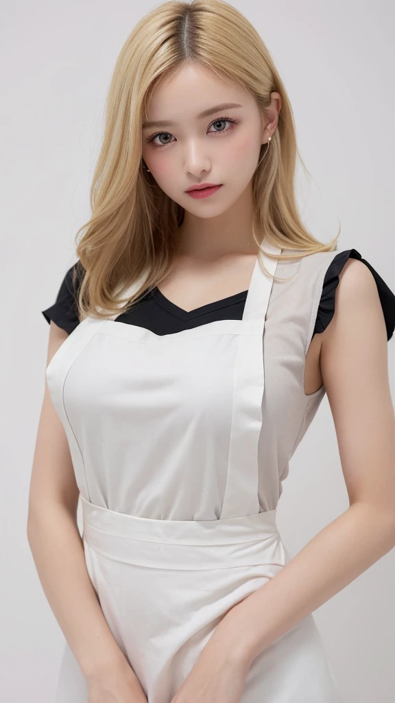(((forehead、Blonde、Northern Europe、White、beautiful girl、Blonde、White background、sexy、Dress shirt、apron)))、table top, highest quality, figure, super detailed, finely, High resolution, 8k wallpaper, Perfect dynamic composition, detailed and beautiful eyes, Deco out,blonde, medium hair, super big breasts, natural color lip,white background, random cute poses,frill dress