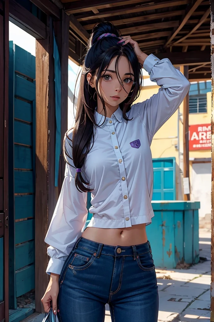 8K quality、High definition male、Gal high school girl、Brown long hair、Brown eyes、Star Necklace、High school classroom at dusk、Japanese school girl uniform、Beautiful legs、Beautiful thighs、Dignified face、Small breasts、Seduce、slender、Model Body Type、Ripe body、、Rolled up hem、White blouse with open chest、Wearing a navy blue jacket with the sleeves rolled up、Light blue skirt、Wink and peace sign