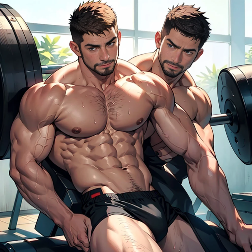 NSFW ,2D or 3DMM style, Masterpiece, realistic, best quality, art by Chunie (by Chunie:1), 20-year-old Chris Redfield TOTALLY NAKED showing cock, short spiky hair, big expressive eyes, mature man with bodybuilding physique, stubble, white, inch-defining abs, exaggerated muscle definition, huge muscles, muscle swelling visible, bodybuilding focused, pectoral muscles bulging, abs visible, on a giant drum in a gym setting, natural light illuminating his wet, glistening body,jumping into a mid-air pose, red carp scattered on the gym