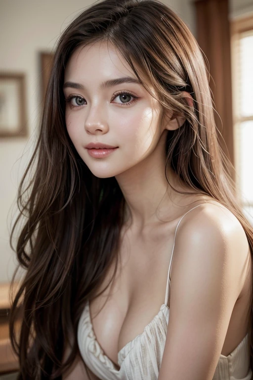 Create a profile photo of a very beautiful woman. She has long, flowing hair and striking facial features. Her skin is flawless and glowing. The woman is wearing elegant makeup that enhances her natural beauty. The background should be soft and blurred, focusing all attention on her face. She is smiling gently and her eyes are bright and expressive. The lighting is soft and flattering, highlighting her features. The overall mood of the photo is warm, inviting, and confident.