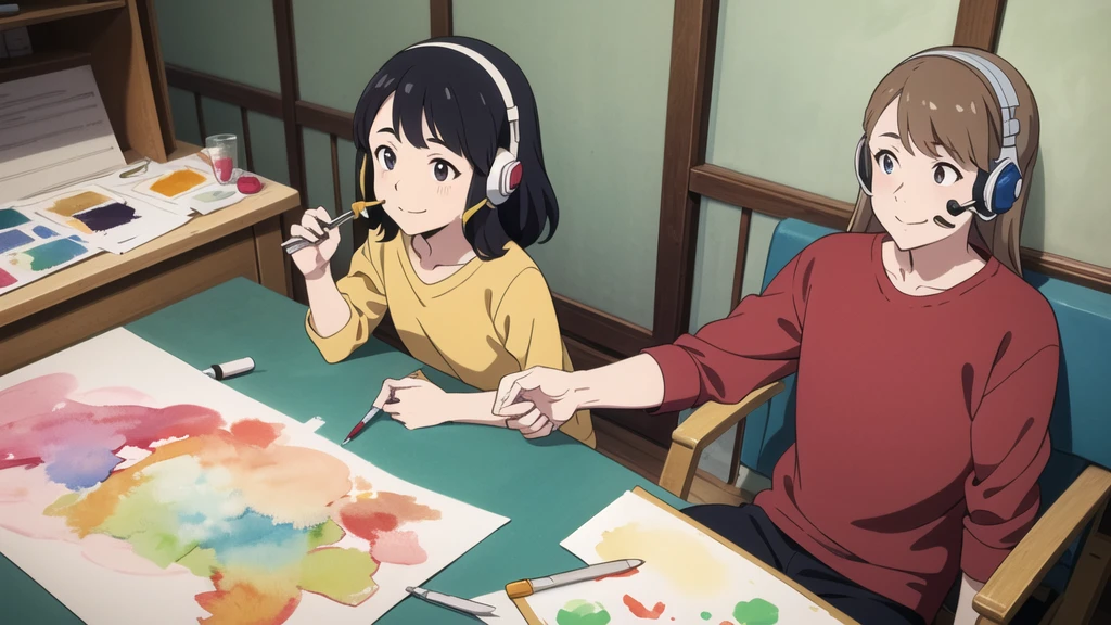 (High resolution, Best Quality, Masterpiece:1.2), (Realistic illustrations), Lo-Fi, flat, 2.5D, Line art, Ink drawing, Watercolor, Gouache color, Studio Ghibli style, Great colorful, Relaxed girl listening to music with headset, smile, はにかんだsmile, 80's Town, Riding a bicycle