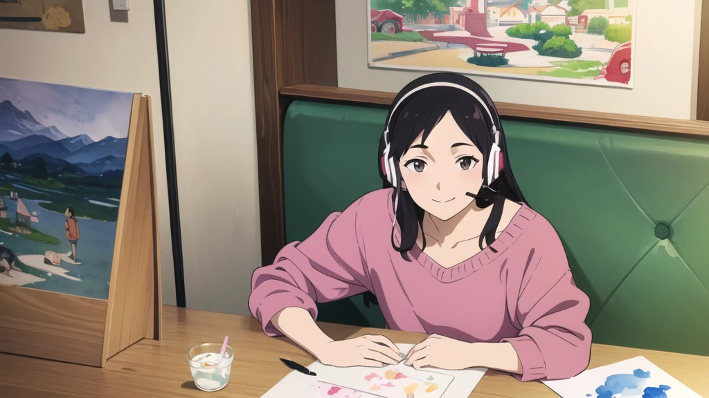 (High resolution, Best Quality, Masterpiece:1.2), (Realistic illustrations), Lo-Fi, flat, 2.5D, Line art, Ink drawing, Watercolor, Gouache color, Studio Ghibli style, Great colorful, Relaxed girl listening to music with headset, smile, はにかんだsmile, 80's Town, Riding a bicycle