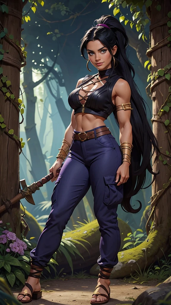 Barbarian Druid outfit, woodland armor, flowers and vines made into an outfit, Solo, female, slightly muscular, slightmuscle, big blue eyes, fantasy outfit, forest, pants, cropped jacket, modest clothingBlack hair, Black curly long hair in a ponytail, light blue eyes, tall and Toned woman, Barbarian woman, full body, aesthetic, beautiful woman,fantasy clothing, (masterpiece, best quality:1.2), solo, 1girl, smile, looking at viewer, ponytail, sandals, bare arms, no sleeves, purple and black outfit, cargo pants, red shirt, blue pants, gold accessories, light skin, bright blue eyes, wearing a battle dress