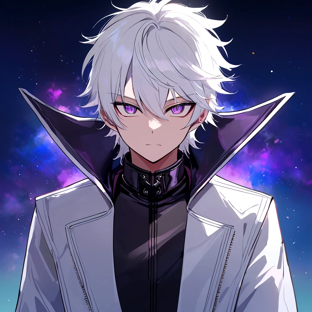 High quality, HD, 4k, handsome male, 1male, , teenager, golden lining, short white hair, sharp eyes, dark purple eyes, deep purple eyes, devil may cry, close up, calm expression, stoic expression, black leather clothes, lean body, upper body, looking at viewer, cowboy shot, white solar, space background