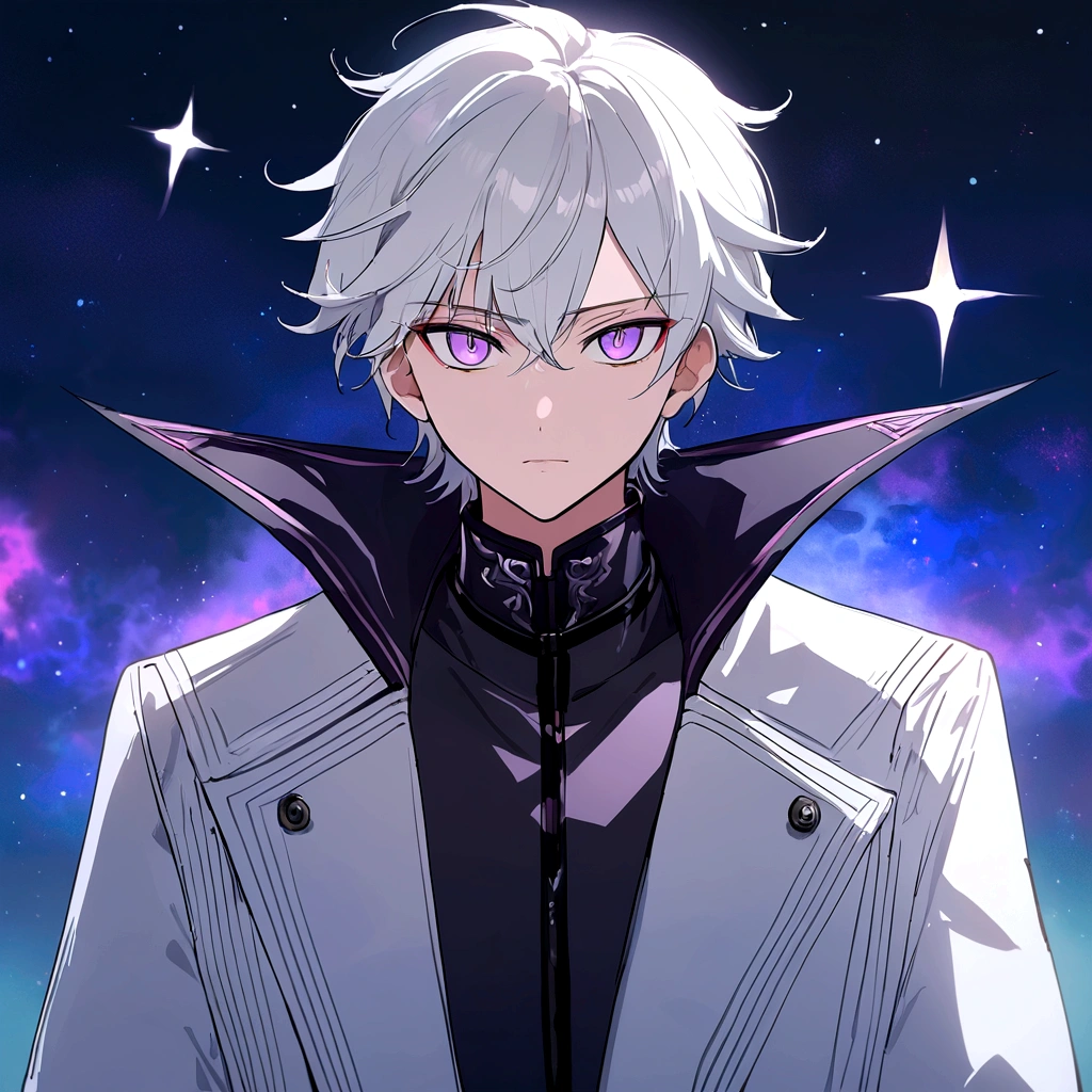 High quality, HD, 4k, handsome male, 1male, , teenager, go lining, short white hair, sharp eyes, dark purple eyes, deep purple eyes, devil may cry, close up, calm expression, stoic expression, black leather clothes, lean body, upper body, looking at viewer, cowboy shot, white solar, space background