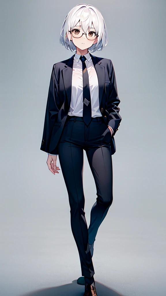 Masterpiece, 1girl, solo, female, white hair, white shirt, black pants, black jacket, short hair, brown eyes, perfect body, cowboy shot's, standing, perfect arms, perfect leg, glasses, necktie 