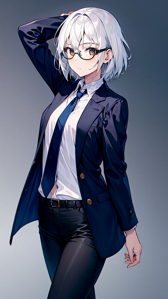 Masterpiece, 1girl, solo, female, white hair, white shirt, black pants, black jacket, short hair, brown eyes, perfect body, cowboy shot's, standing, perfect arms, perfect leg, glasses, necktie 