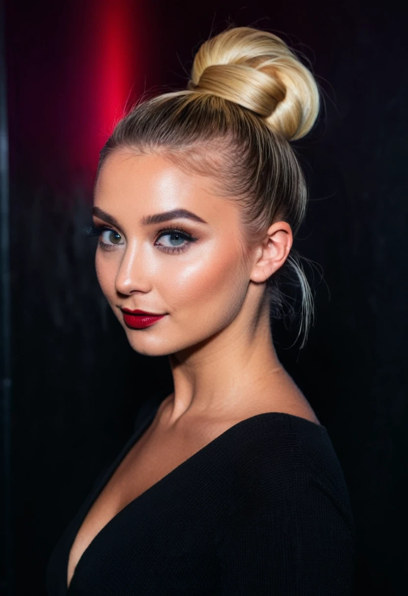 an eye contact of a blond with bun hair and dark theme , location: party club, party background, vibrant Vibe