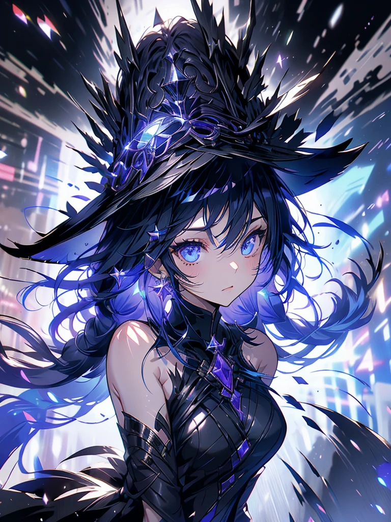 25-year-old girl、wearing a black elegant hat、Rune background、black magician、Wearing a black robe、mesmerize、cute woman、Elegant hairstyle、indigo hair color、Slightly shorter hair、blue eyes、look at the viewer、masterpiece、Best image、