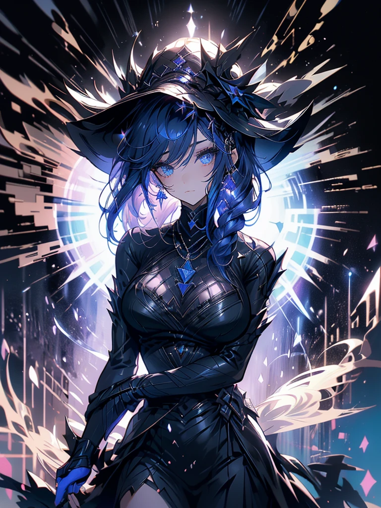 25-year-old girl、wearing a black elegant hat、Rune background、black magician、Wearing a black robe、mesmerize、cute woman、Elegant hairstyle、indigo hair color、Slightly shorter hair、blue eyes、look at the viewer、masterpiece、Best image、