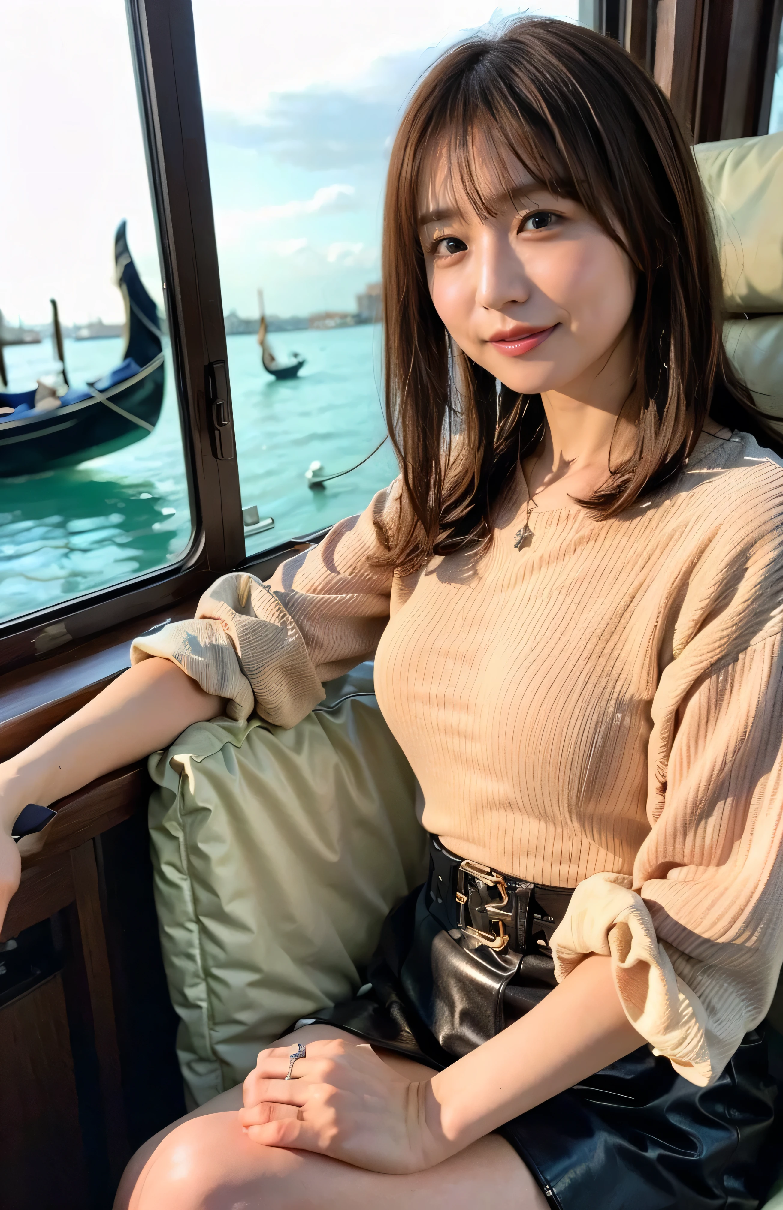 (Rim Light、Cute tied hair、Woman riding a gondola in Venice、Woman toasting with a red Venetian glass:1.4).Woman in a gondola in Venice、Light brown hair、Elegant hairstyle、Blue Eyed Woman、A woman with a cute upward gaze、When the sky gets dark、When the sun goes down the sky turns red、Tight clothing that shows your body lines、、Elegant summer knitwear、Elegant summer sweater、Leather Belt、Short skirt、Dress elegantly着こなす、Luxury Bagedium Shorthair:1.4))、The sun shines on her、Light brown hair、Light brown hair、The sky was dyed red、There are clouds、private's cute、彼女のAmple breastsは服の上からでも明らかです.、輝く太陽はとてもbeautiful、Dusk is approaching、Lens flare、You can see the sunset、((Sunlight reflecting off the ocean、Ocean View、The sun shines on the ocean、'beautiful.、Small earrings、private'evening、Birds are also flying、、Brown Hair Color、Tying up hair、The woman is on the right:1.4))、Luxury Leather Belts、Shiny clothes、Light beige hair color、Background Blur、Braid only the front hair、Light brown hair、{{Cowgirl Shot}}、((Close-up shot from the waist up、Ample breasts:1.4))、にっこりsmile、Silk clothing、服からでも分かるAmple breasts、Braid only the front hair、Cowboy Shot、Gorgeous white collared silk shirt and brown skirt、Dress elegantly、Luxury Bags、素敵なsmile、((Ample breasts))、Full body photo、ring、Short skirt、Tuck your hair behind one ear、Silver Necklace、smile、 Elegant ponytail、Caustics、Highly detailed photos、Very beautiful and ideal short hair、Super no makeup、(8k、RAW Photos、highest quality、masterpiece:1.2)、(Realistic、Realistic)、1 girl、((Medium Short Hair、Looking into the camera:1.4))、Hair blowing in the wind