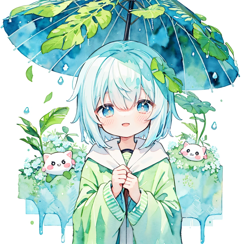 (pastel colour:1.5)、(cute illustration:1.5)、(Watercolor:1.2)、(One Girl:1.0)、Hair between the eyes、White Background、With a girl、whole bodyエスビアン、Use an umbrella made of a large leaf、Holding a leaf umbrella, Rain Girl, rain, poncho、Blue and light blue motif、rainをモチーフに, blue eyes, cute, short hair, smile, poncho with rain pattern、Upper Body, Fantasy, Detailed Images、smile、とてもcute、Adorable、Toyowa Toyowa、hydrangea、梅rain、rain、whole body、Wearing cute boots、Clear Material、poncho、Puddle under your feet、grass、Solo Illustration、Use a large lotus leaf as an umbrella