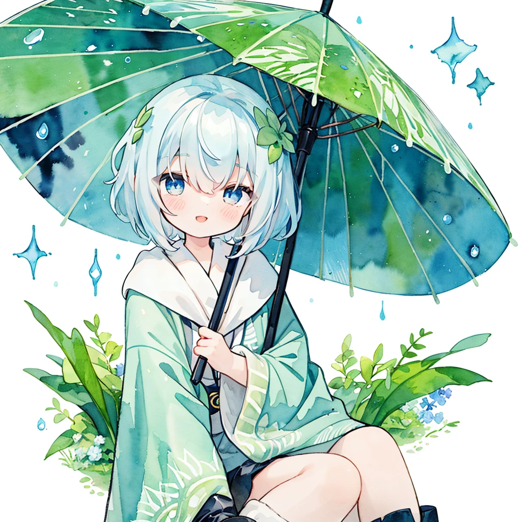 (pastel colour:1.5)、(cute illustration:1.5)、(Watercolor:1.2)、(One Girl:1.0)、Hair between the eyes、White Background、With a girl、whole bodyエスビアン、Use an umbrella made of a large leaf、Holding a leaf umbrella, Rain Girl, rain, poncho、Blue and light blue motif、rainをモチーフに, blue eyes, cute, short hair, smile, poncho with rain pattern、Upper Body, Fantasy, Detailed Images、smile、とてもcute、Adorable、Toyowa Toyowa、hydrangea、梅rain、rain、whole body、Wearing cute boots、Clear Material、poncho、Puddle under your feet、grass、Solo Illustration、Use a large lotus leaf as an umbrella