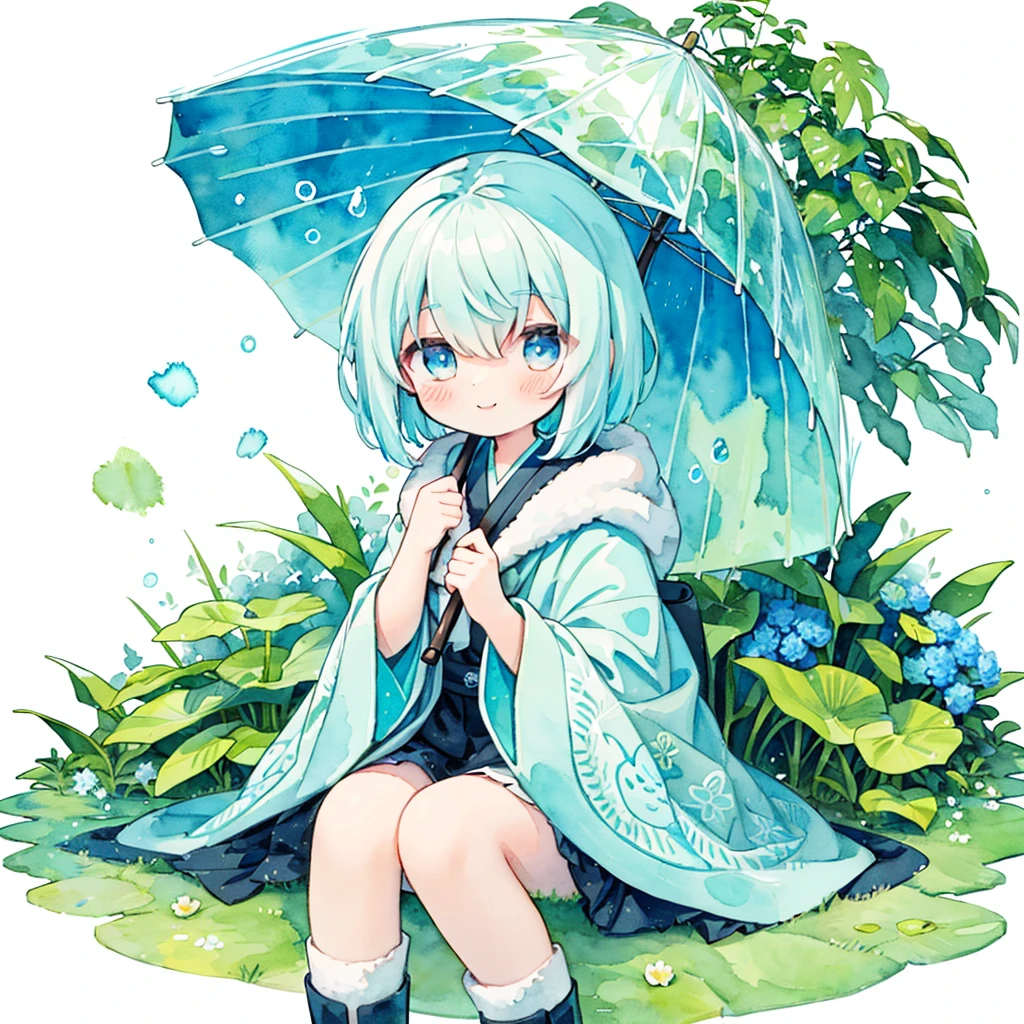 (pastel colour:1.5)、(cute illustration:1.5)、(Watercolor:1.2)、(One Girl:1.0)、Hair between the eyes、White Background、With a girl、whole bodyエスビアン、Use an umbrella、Holding an umbrella, Rain Girl, rain, poncho、Blue and light blue motif、rainをモチーフに, blue eyes, cute, short hair, smile, poncho with rain pattern、Upper Body, Fantasy, Detailed Images、smile、とてもcute、Adorable、Toyowa Toyowa、hydrangea、梅rain、rain、whole body、Wearing cute boots、Clear Material、poncho、Puddle under your feet、grass