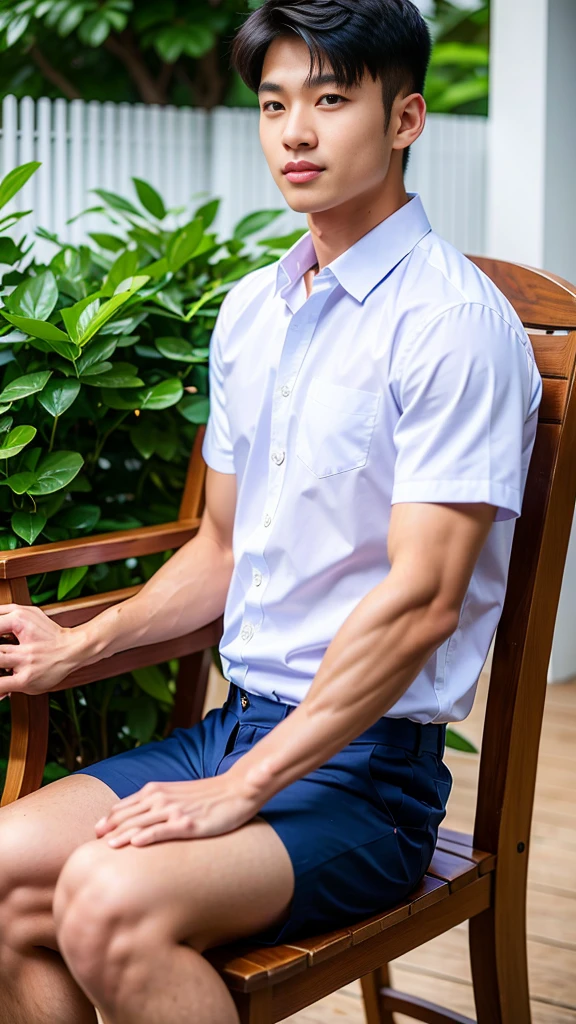 Masterpiece, best quality, High quality, วอลล์เปเปอร์ CG unity 8k ที่มีvery detailed, depth of field, HDR,,photorealistic,very detailed, 1 man sitting on a chair, Asia, black short hair, , (Thai , white shirt), dark Blue cargo shorts, chest muscles, Big arm muscles, blood vessel, big muscles, Broad shoulders, looking at the audience, Balancing the eyes, (Make eye contact)