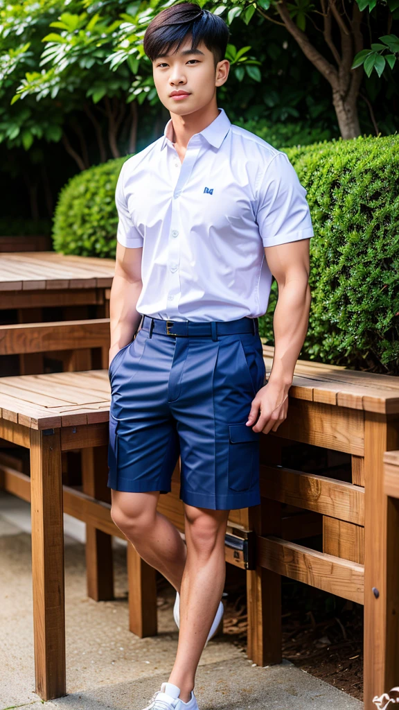 Masterpiece, best quality, High quality, วอลล์เปเปอร์ CG unity 8k ที่มีvery detailed, depth of field, HDR,,photorealistic,very detailed, 1 man sitting on a chair, Asia, black short hair, , (Thai , white shirt), dark Blue cargo shorts, chest muscles, Big arm muscles, blood vessel, big muscles, Broad shoulders, looking at the audience, Balancing the eyes, (Make eye contact)