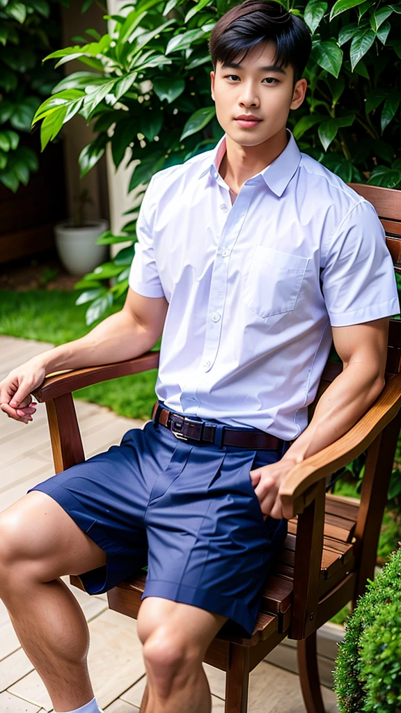 Masterpiece, best quality, High quality, วอลล์เปเปอร์ CG unity 8k ที่มีvery detailed, depth of field, HDR,,photorealistic,very detailed, 1 man sitting on a chair, Asia, black short hair, , (Thai , white shirt), dark Blue cargo shorts, chest muscles, Big arm muscles, blood vessel, big muscles, Broad shoulders, looking at the audience, Balancing the eyes, (Make eye contact)
