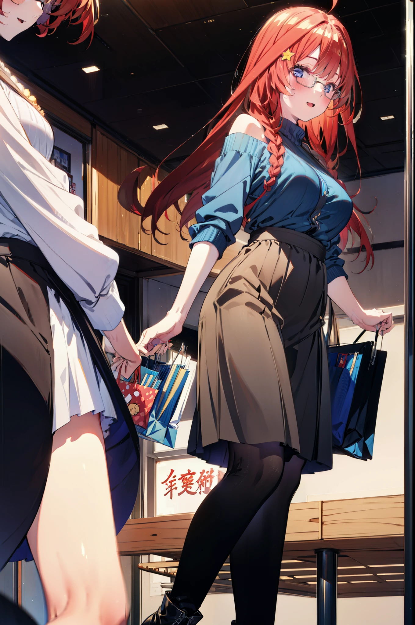 itsukinakano, Itsuki Nakano, bangs, blue eyes, Hair between the eyes, Ahoge, Redhead, star \(symbol\), hair ornaments, star hair ornaments,happy smile, smile, Open your mouth,blush,Akabuchi Glasses,Big Breasts,Long braids,One-shoulder sweater,Long skirt,Black pantyhose,short boots,Daytime,walking,whole bodyがイラストに入るように,crowd, people々々,
break indoors, Shopping mall,
break looking at viewer, whole body,
break (masterpiece:1.2), highest quality, High resolution, unity 8k wallpaper, (figure:0.8), (Beautiful fine details:1.6), Highly detailed face, Perfect lighting, Highly detailed CG, (Perfect hands, Perfect Anatomy),