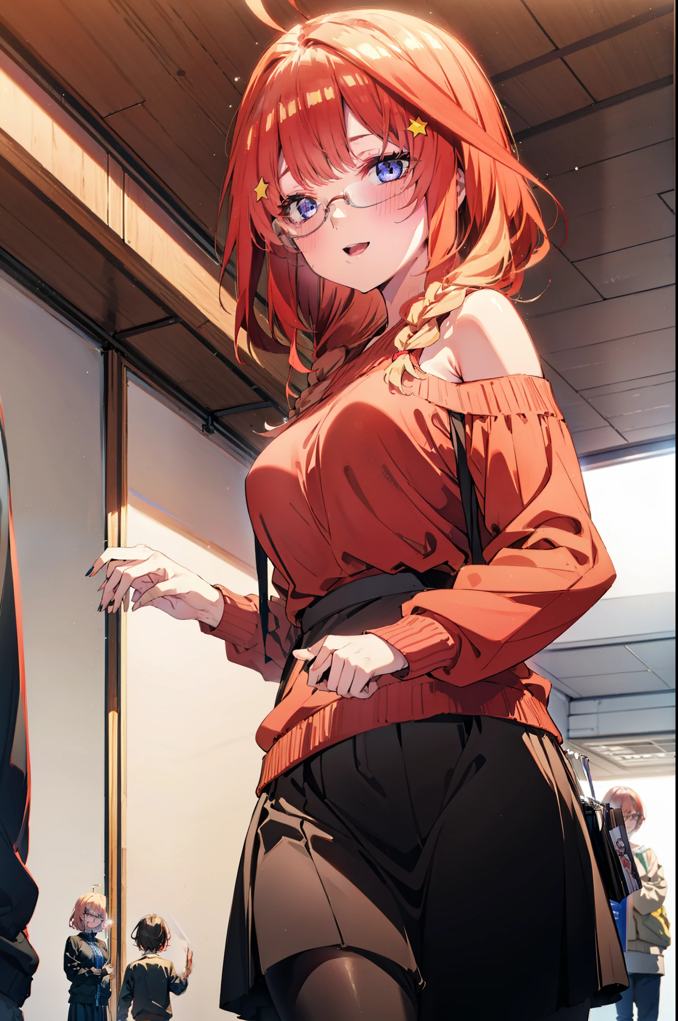 itsukinakano, Itsuki Nakano, bangs, blue eyes, Hair between the eyes, Ahoge, Redhead, star \(symbol\), hair ornaments, star hair ornaments,happy smile, smile, Open your mouth,blush,Akabuchi Glasses,Big Breasts,Long braids,One-shoulder sweater,Long skirt,Black pantyhose,short boots,Daytime,walking,whole bodyがイラストに入るように,crowd, people々々,
break indoors, Shopping mall,
break looking at viewer, whole body,
break (masterpiece:1.2), highest quality, High resolution, unity 8k wallpaper, (figure:0.8), (Beautiful fine details:1.6), Highly detailed face, Perfect lighting, Highly detailed CG, (Perfect hands, Perfect Anatomy),
