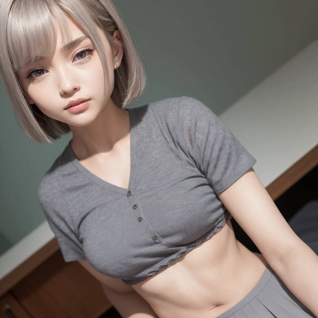 (RAW photo, best quality), (realistic),photo, best quality ,masterpiece, an extremely delicate and beautiful, extremely detailed, CG ,unity, 2k wallpaper, finely detail, masterpiece, best quality, huge filesize, ultra-detailed, highres, extremely detailed, 1girl, slim body, (short sleeve shirts:1.1),(uniform:1.1),(pleated skirt:1.1), porcelain skin, (grey hair), (hair ornament), looking at viewer, face close-up, straight hair, extremely detailed face, extremely detailed eyes, seductive smile, rainy ,