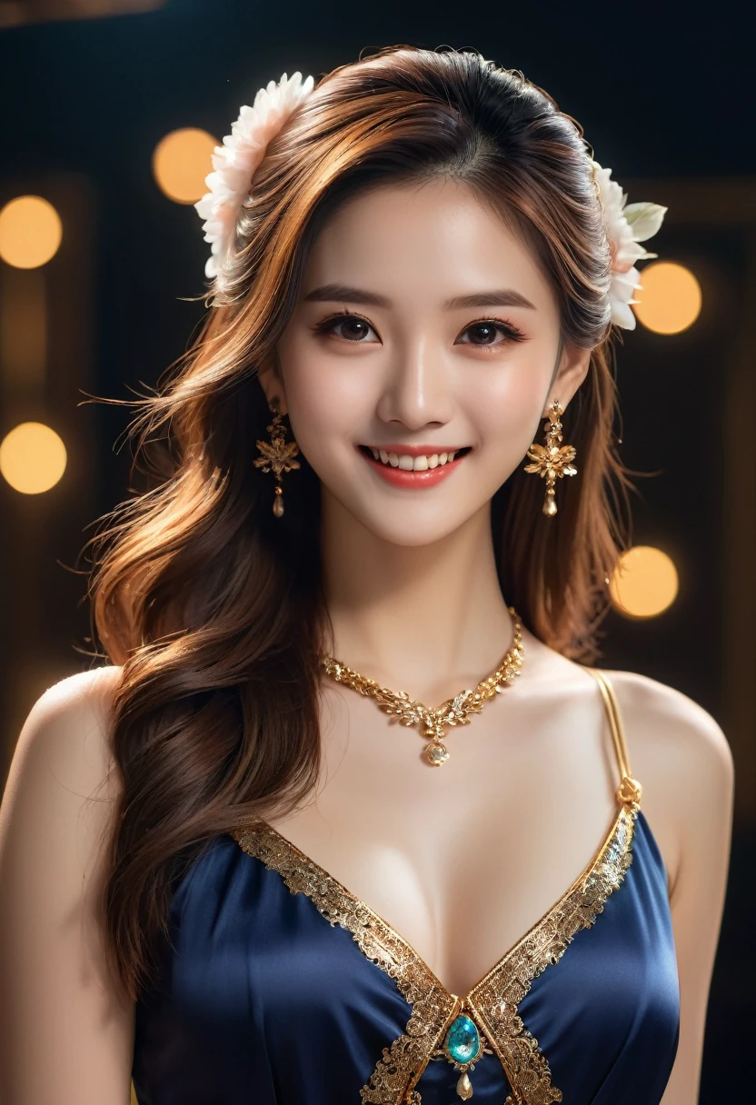 best quality, masterpiece, High resolution, 1 Girl, transparent silk china skirt, Pretty Face, Hair accessories, looking at the audience, Smile, Shut up,Lips, skirt,Hair accessories, necklace, Jewelry, long hair, earrings, Pretty Face,Above_Body, Tyndall effect,Reality, Dark Studio, Edge lighting, Two-tone lighting,(High Detail Skin:1.2), 8K uhd, Digital SLR Camera, soft light, high quality, Volumetric Lighting, frank, photo, high resolution, 4k, 8K, Bokeh