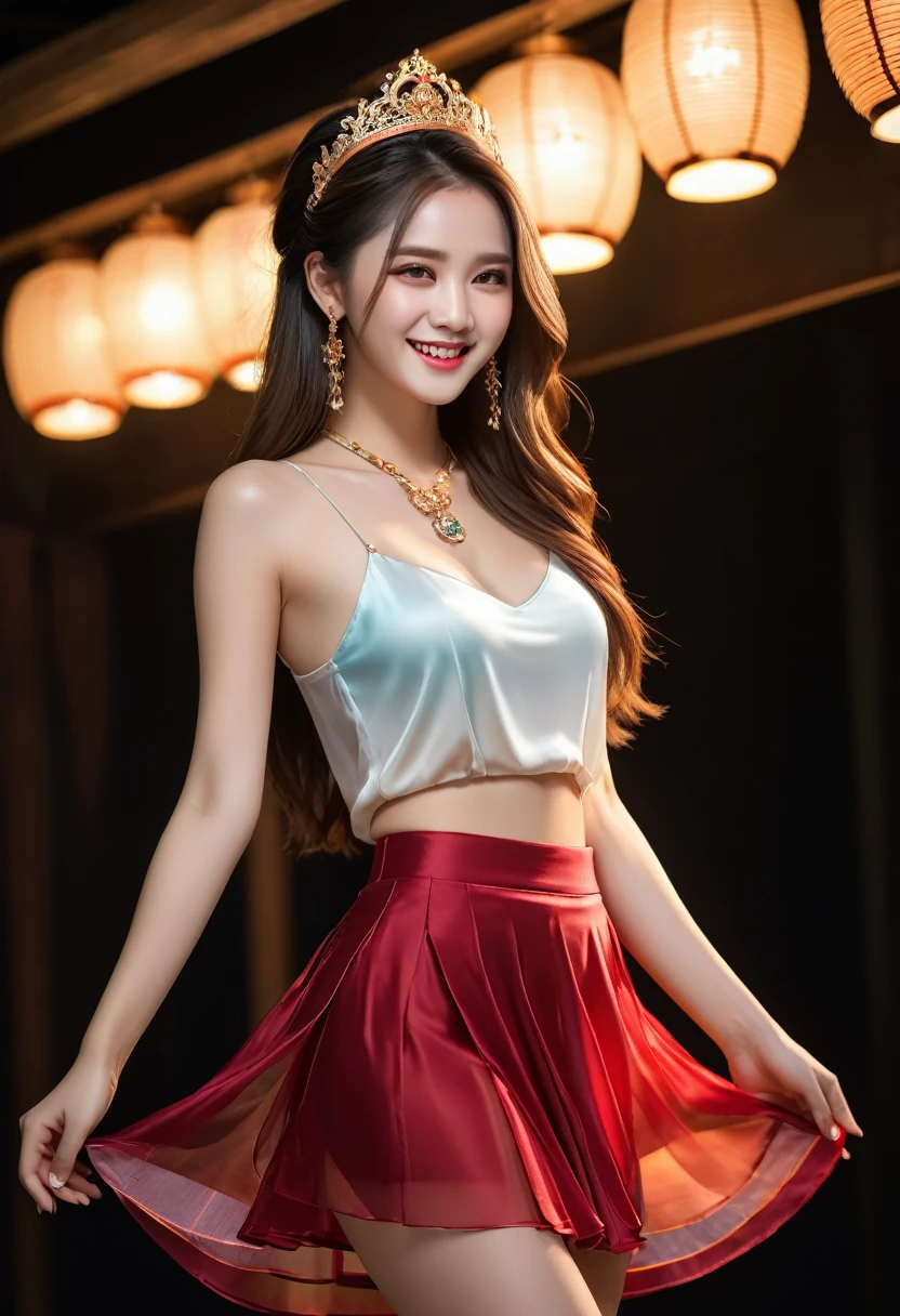 best quality, masterpiece, High resolution, 1 Girl, transparent silk china skirt, Pretty Face, Hair accessories, looking at the audience, Smile, Shut up,Lips, skirt,Hair accessories, necklace, Jewelry, long hair, earrings, Pretty Face,Above_Body, Tyndall effect,Reality, Dark Studio, Edge lighting, Two-tone lighting,(High Detail Skin:1.2), 8K uhd, Digital SLR Camera, soft light, high quality, Volumetric Lighting, frank, photo, high resolution, 4k, 8K, Bokeh