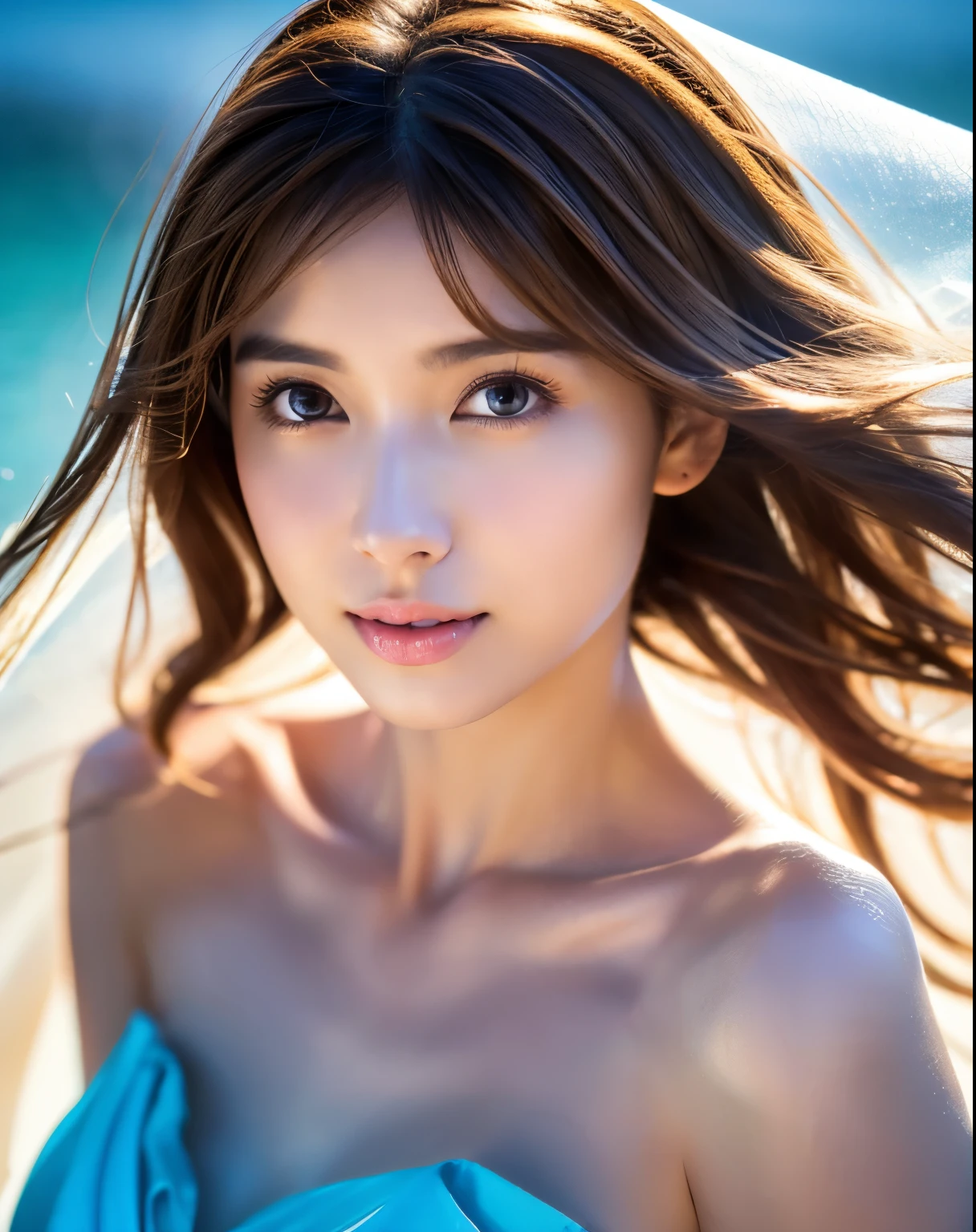 (highest quality, 32k, High resolution, masterpiece:1.5,), Haunting fantasy portrait in abstract style, ((In a swirl of fantastic colors and soft light)), Evoking a sense of soothing tranquility and elusive beauty, Award-winning masterpiece with amazing details, cute japanese woman, 24 years old, perfect human anatomy, big magical eyes, gentle smile, ((Shiny detailed brown hair)), Long straight hair tousled by the wind, Beautiful asymmetrical bangs, hair between eyes, smooth and soft skin, thin eyebrows, clear double eyelids, Attractive pink lips, ((naked, Wrap your body in a transparent silk cloth)), High resolution perfect collarbone, High resolution beautiful bust, Slender body with plump breasts, ((sparkling light effects:1.3)), summer blue sea, The blue, sparkling water surface reflecting light, bright sunshine, professional lighting, professional photographer, Professional models,mysterious