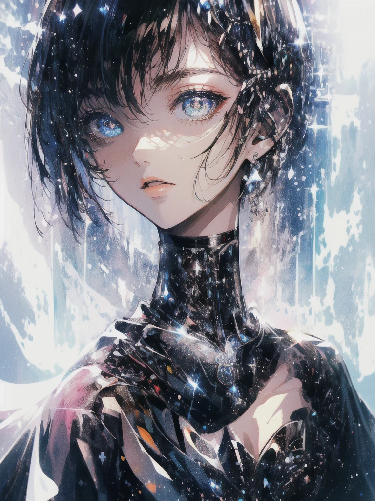 ((masterpiece, highest quality, Super detailed, High resolution)), alone, beautiful girl, shining eyes, perfect eyes, , black white gold theme,