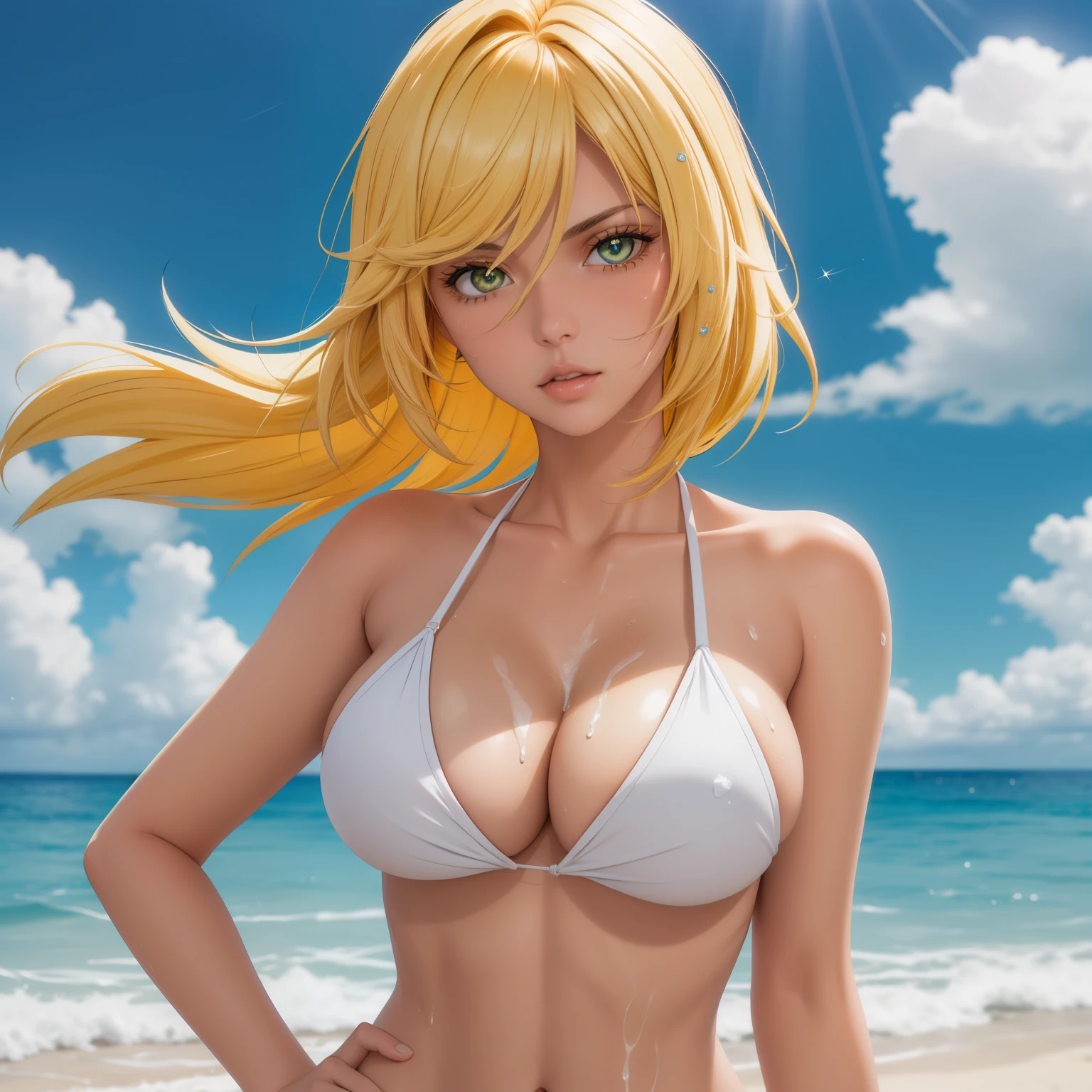 pelo rubio dorado, ojos verdes, piel oscura, mujer de piel oscura, pechos grandes, Cold look, bikini blanco detallado, fondo una playa. rubia, cabello rubio brillante, corto, gotas de agua en su pecho. cuerpo mojado,