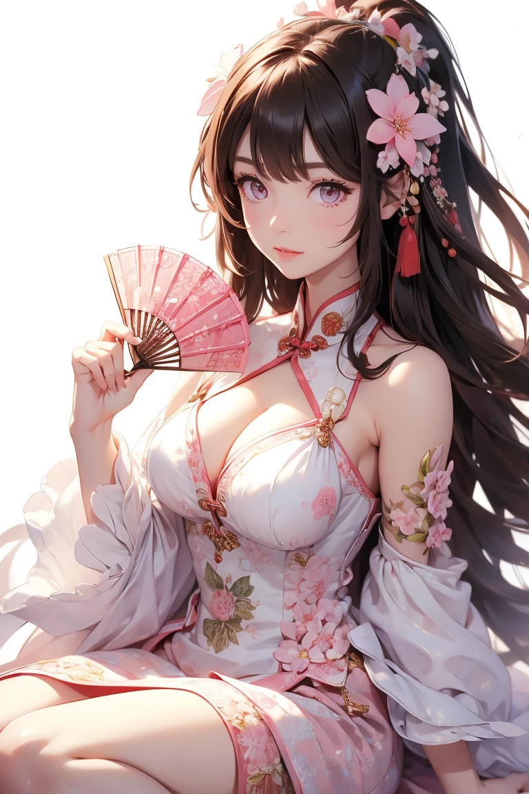 , One girl, alone, Long Hair, chest, dress, china dress, Brown Hair, Chinese clothing, large chest, Sitting, View Viewer, white dress, Exposing shoulders, White Background, No sleeve, hair ornaments, Thighs, flower柄プリント, No sleeve dress, bangs, hand fan, Simple Background, flower, Pelvic Curtain, Bare arms, Pink Eyes, Holding fan, fan, hair flower, flowerびら, Mouth closed, Holding