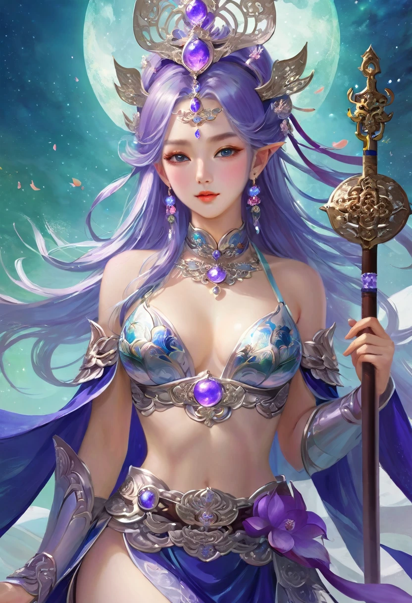 Wearing sexy transparent platinum low-cut lace armor cleavage、Close-up of woman holding lotus, Headdress, Violet necklace, jade belt , Toned abdominal muscles, Beautiful fantasy queen, ((Beautiful fantasy queen)), Beautiful Celestial Mage, Beautiful character painting, full body xianxia, Portrait of zodiac girl knight, author:Yang Jie, g liulian art style, Fantasy art style, shorten