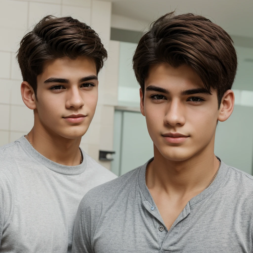 two boys looking at each other eagerly, ellos estan cerca, They are  men., They are shirtless and wearing football team shorts in the school bathroom.