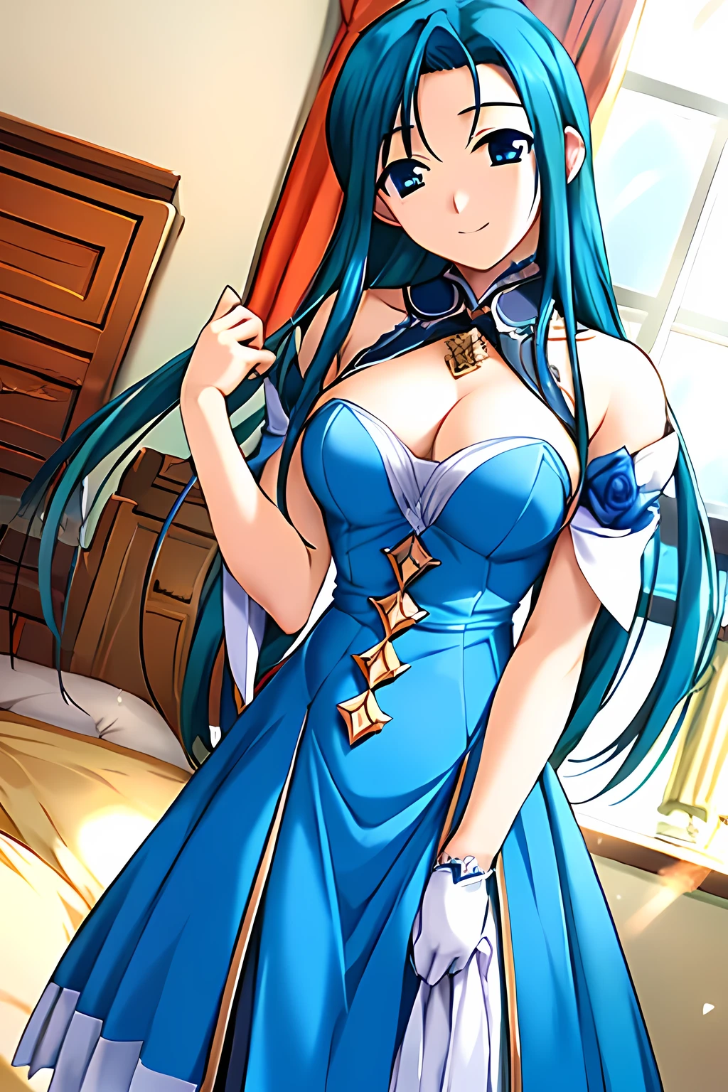 ((masterpiece, high quality, best quality)), cowboy shot, {blue hair}, blue eyes, (costume dress), bangs, smile, stockings, large bust, long hair