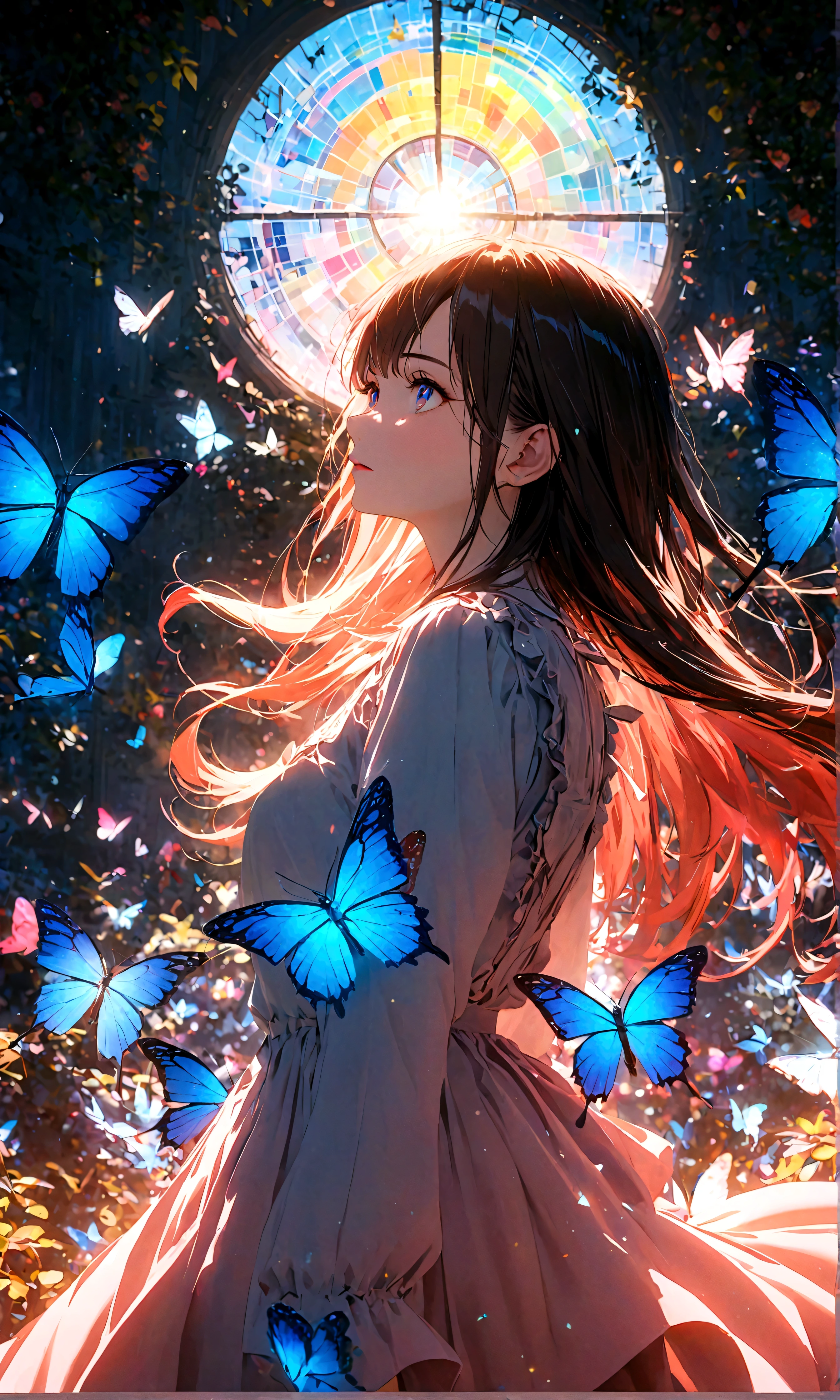 (woman\(student, , JK, Long hair, Colorful eyes, Pale skin,) look up to the sky), (Many butterflies flying in the air), Beautiful sky, Summer,Colorful flowers blooming everywhere, Mysterious and dreamy ,Huge tree,quality\(8K,CG Wallpaper, masterpiece,High resolution,top-quality,Surrealism,Improve resolution,RAW photos,Best quality,Very detailed,light,Ray Tracing,Golden Ratio)