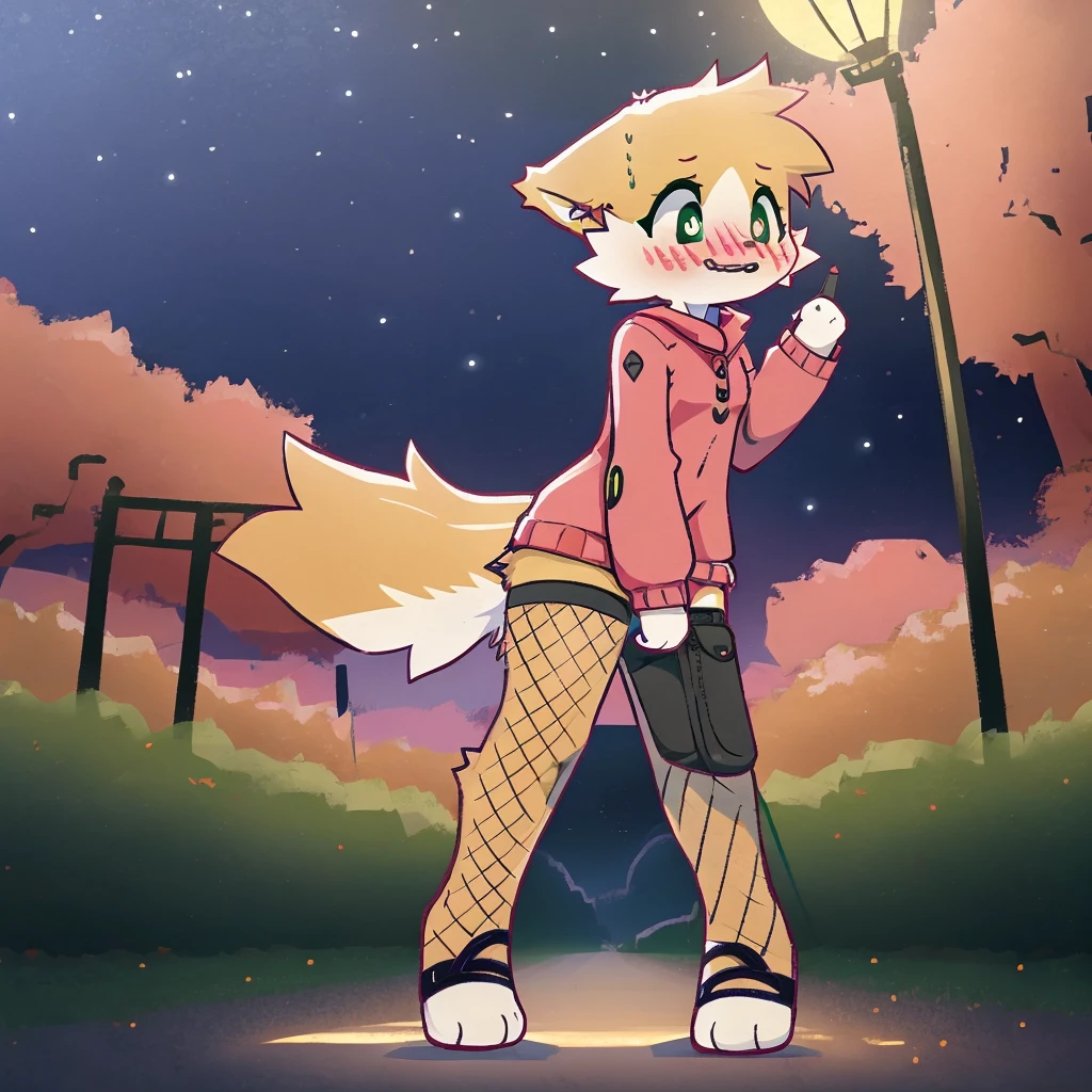 art by dagasi, (solo:1.5), Best Quality, Masterpiece, (Absurdres:), Detailed, Ultra-Detailed, Digital Art, correct anatomy, arms in correct position, full body, (high quality, high res, 4k:1.2), (kid:1.5), (small, youthful), rolo, furry, small, (kid female:1.3), fluffy, light orange fur, green cat eyes, (beautiful eyes), juicy thighs, flushed, embarrassed, small nervous smile, blushing, fluffy tail, eyelashes, slightly enjoying the posing, naked, walking through the park, on a very dark night, wearing fishnet stockings, fishnet sleeves