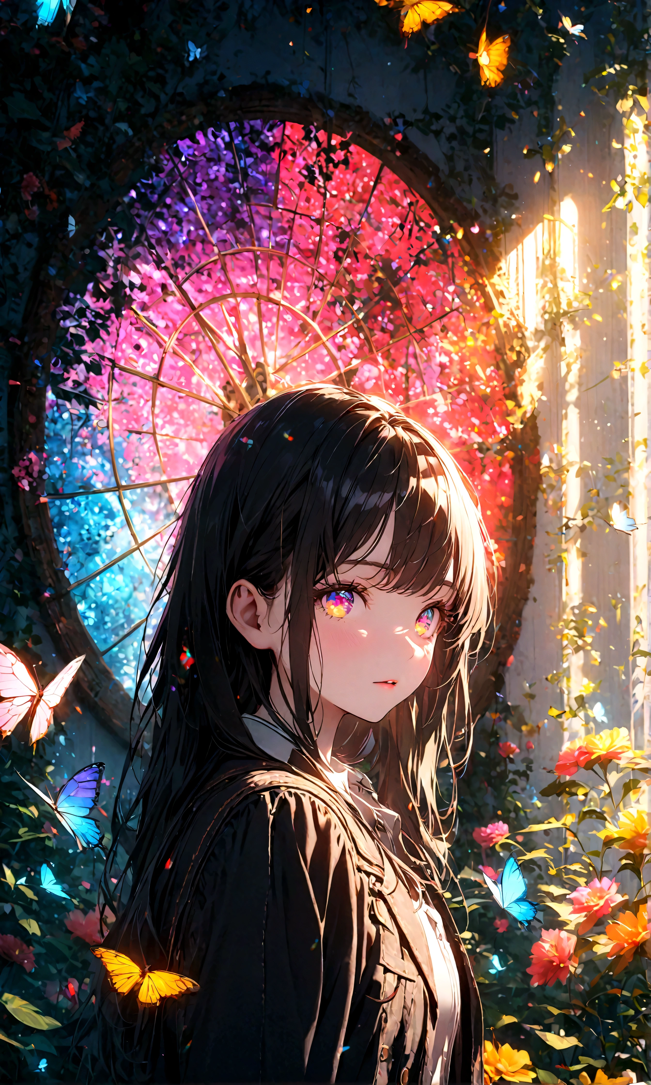 (woman\(student, 15 years old, JK, Long hair, Colorful eyes, Pale skin，) look up to the sky), (Many butterflies flying in the air), Beautiful sky, Summer，Colorful flowers blooming everywhere, Mysterious and dreamy ,Huge tree，quality\(8K,CG Wallpaper, masterpiece,High resolution,top-quality,Surrealism,Improve resolution,RAW photos,Best quality,Very detailed,light,Ray Tracing,Golden Ratio)