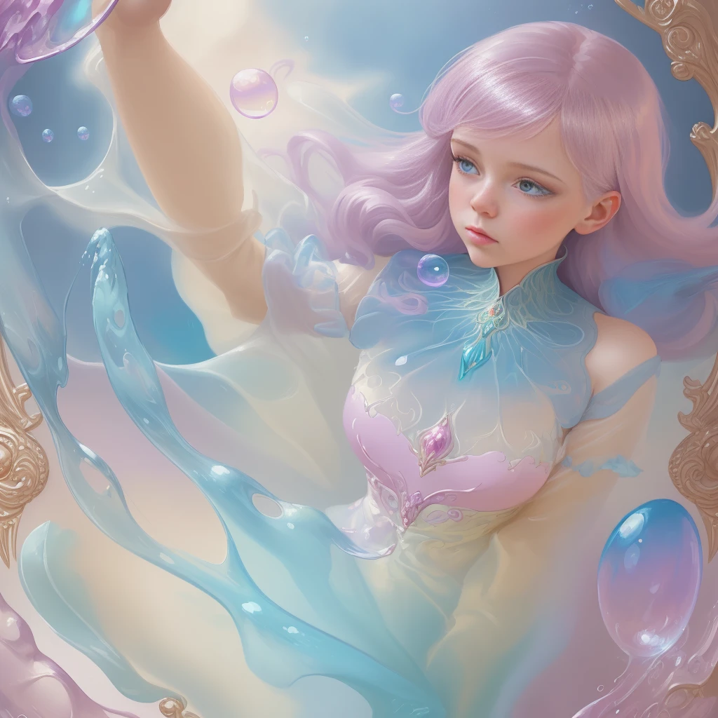 a painting of a woman in a dress blowing bubbles, loish and wlop, ethereal bubbles, moebius + loish + wlop, dreamy and detailed, intricate wlop, closeup fantasy with water magic, fairytale artwork, fairytale painting, in style of anna dittmann, wlop art, realistic fantasy painting, artgerm julie bell beeple