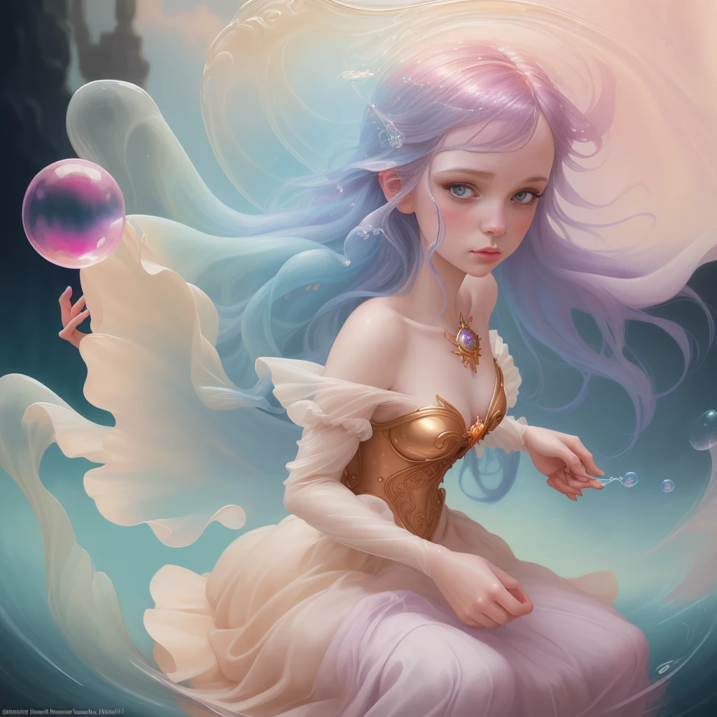 a painting of a woman in a dress blowing bubbles, loish and wlop, ethereal bubbles, moebius + loish + wlop, dreamy and detailed, intricate wlop, closeup fantasy with water magic, fairytale artwork, fairytale painting, in style of anna dittmann, wlop art, realistic fantasy painting, artgerm julie bell beeple
