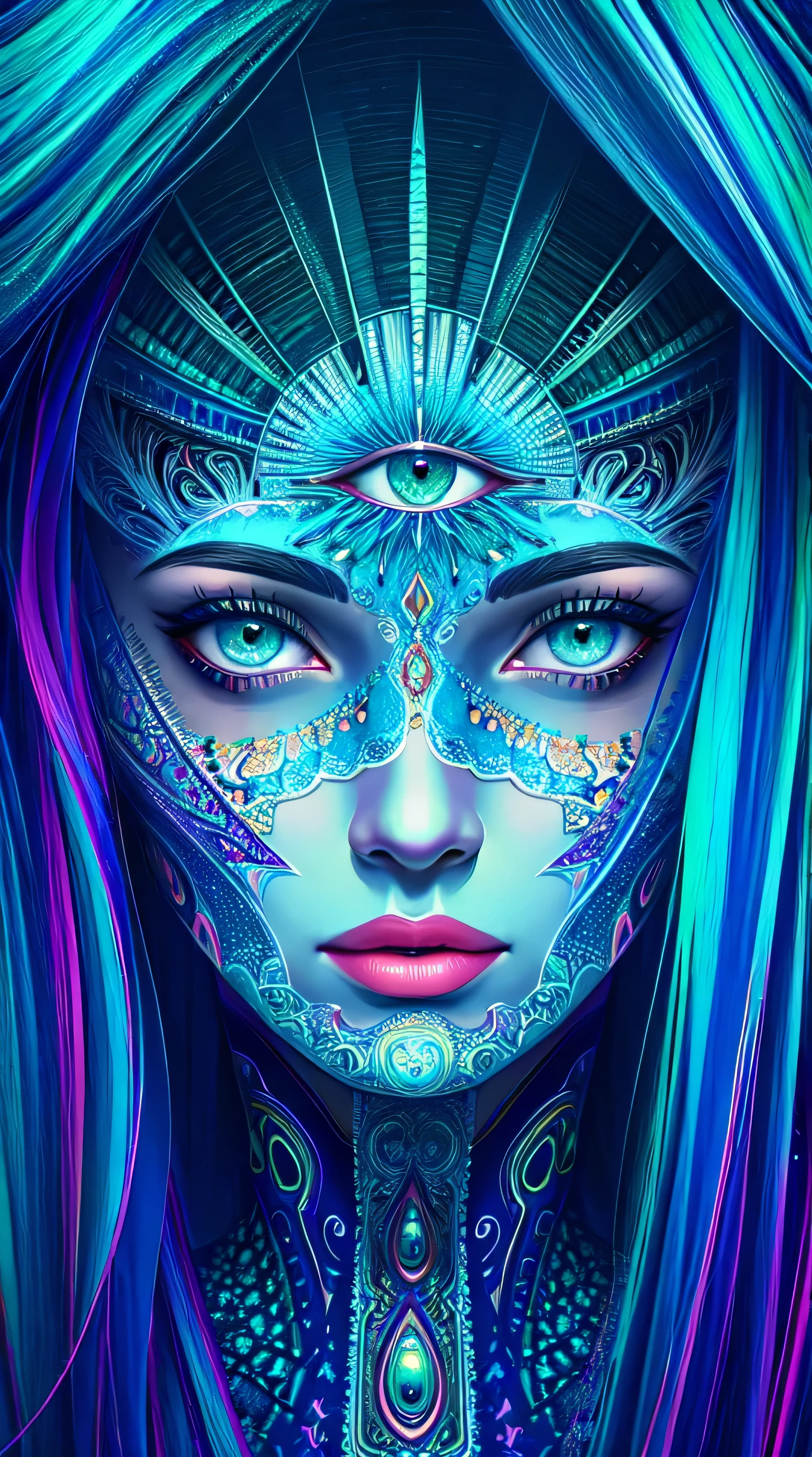 (masterpiece, top quality, best quality, official art, beautiful and aesthetic:1.2), (1girl), extreme detailed,(fractal art:1.3),colorful,highest detailed,perfect face,beautiful face,aqua eyes,eyelashes, ( demonic third eye:1.2),Third eye on the forehead,(1girl), extreme detailed,(fractal art:1.3),colorful,highest detailed,Perfect body, dmt pcilocybine trip green found piramids